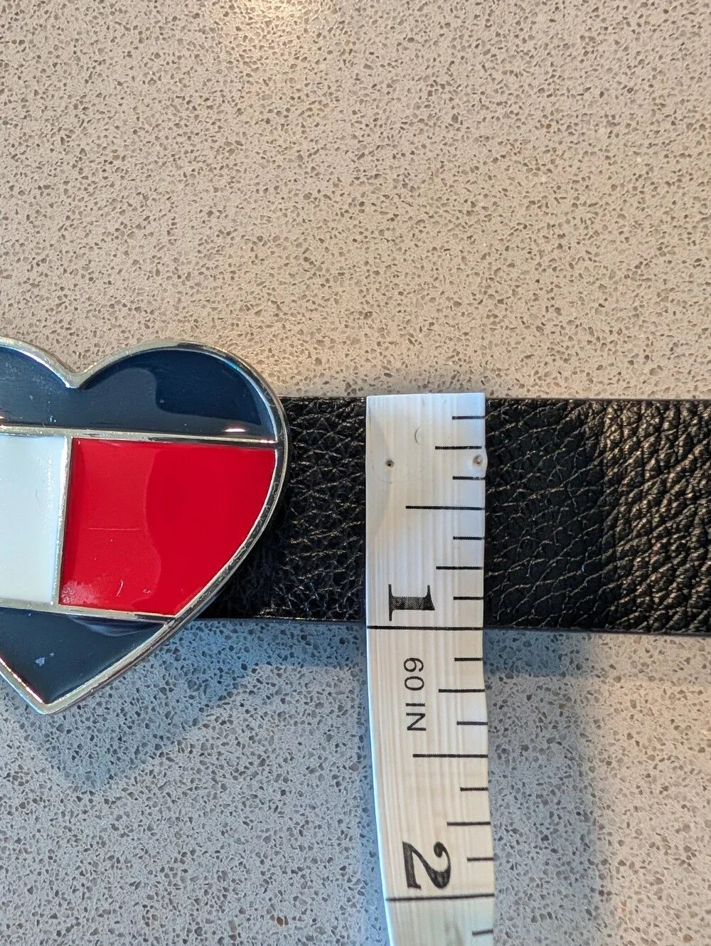 Tommy Hilfiger Black Leather Belt with Heart Flag Buckle in Red, White & Black